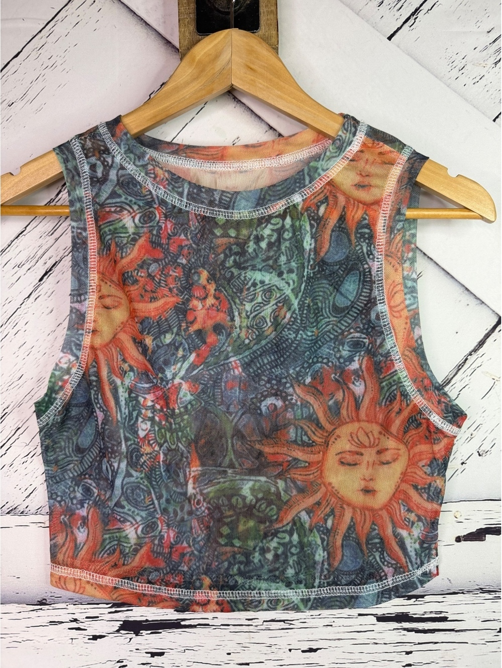 Y2K Whimsigoth Celestial Mesh Crop Top - Sun Graphic Tank Women’s Small